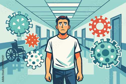 Stressed man in hospital corridor surrounded by virus particles, fearing contamination and health risks