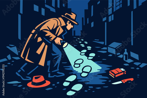 Detective investigating crime scene finding clues and footprints on dark city street at night