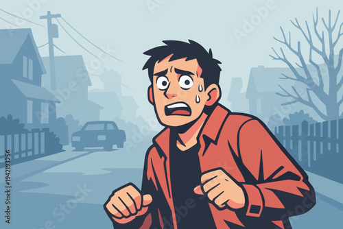 Stressed man panicking walking on a foggy street in a neighborhood, feeling fear and anxiety with sweat on his face