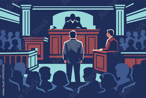 Defendant facing a judge and legal counsel in a courtroom setting, symbolizing law, order, and judgment