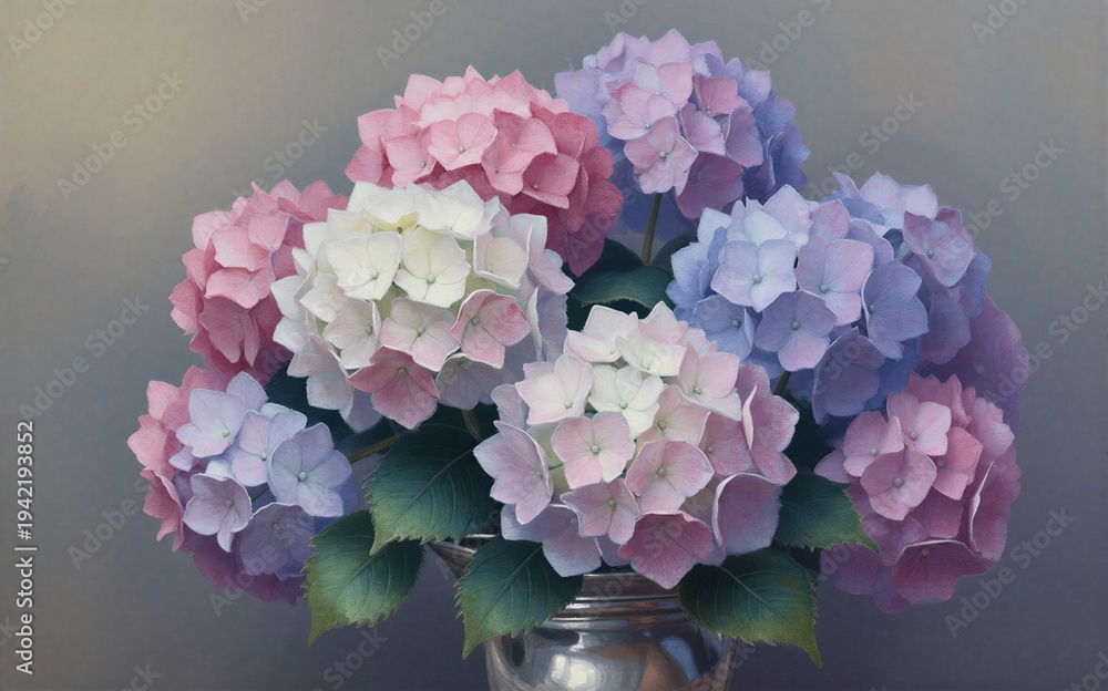 Obraz premium Pastel hydrangeas in a silver vase soft lighting serene composition.