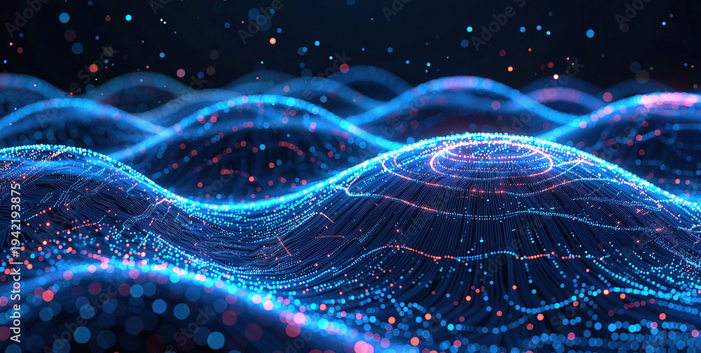 Fototapeta premium Vibrant Digital Landscape with Glowing Blue Waves and Dots on a Dark Background