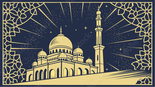 A detailed illustration of a mosque with intricate designs and patterns, surrounded by a decorative border, under a starry night sky