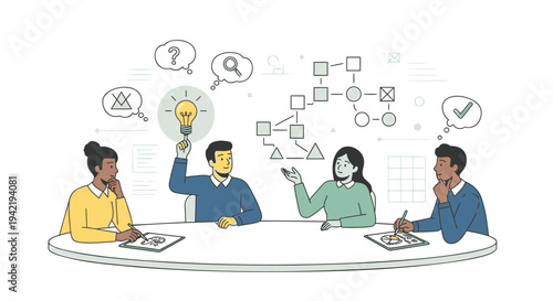 Vector illustration of four people brainstorming ideas at a table