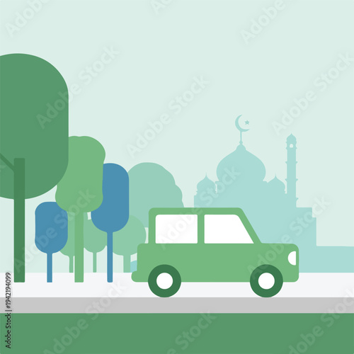 Flat design illustration of a green car driving past trees and a mosque on eid fitr with a serene and celebratory atmosphere