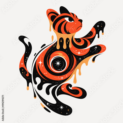 Abstract cosmic cat with fluid dripping details and star patterns, vector illustration, isolated on white background