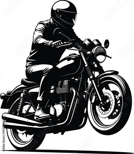 Motorcycle Rider Silhouette Vector Illustration with Classic Cafe Racer Bike and Helmeted Biker, Vintage Motorbike Design Isolated on White Background for Logo, Poster, Tattoo