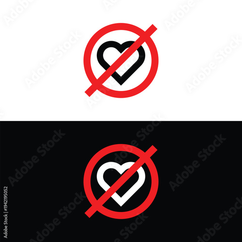 Red prohibition sign with crossed out heart symbol on white and black