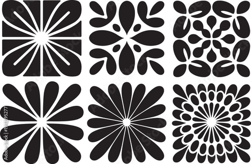 Geometric Floral Ornament Set - Black and White Mandala Pattern Icons and Abstract Flower Tile Vector Illustrations
