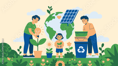 Family environmental care, green energy, recycling, flat illustration