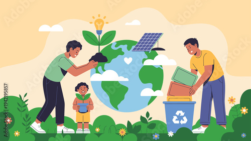 Family environmental protection, recycling, renewable energy, flat illustration