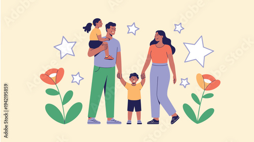 Family four children walking hand hand