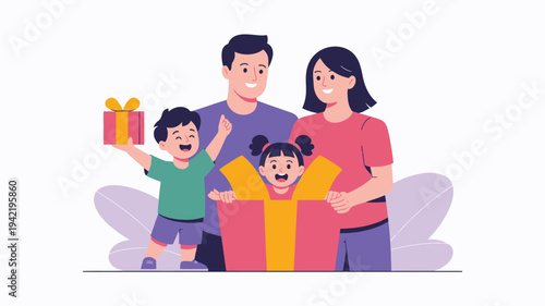 Family gift opening celebration vector illustration