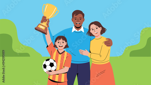 Family holding soccer trophy and ball illustration