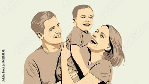 Family happy child parents monochrome illustration