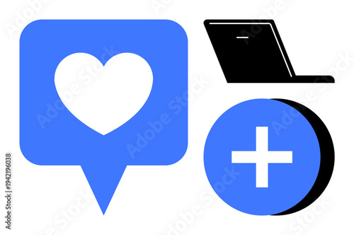 Social media symbols. Blue heart, laptop, and plus icons social media interaction and connection. Social media enabling communication and online engagement. For networking, digital platforms, virtual