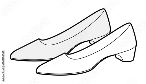 Low heel pump shoe women sketch pair. Closed toe dress shoe for office, party, everyday feminine outfit. Technical fashion illustration, CAD mockup, detailed vector men unisex isolated chic style.