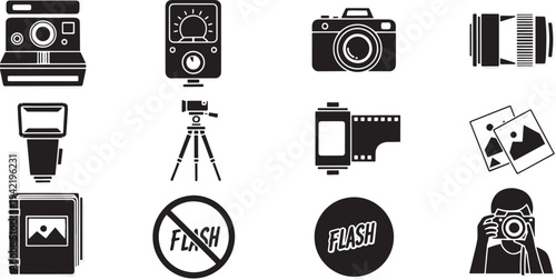 Collection of black and white and symbols camera vintage camera instant camera roll
