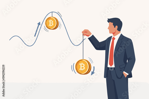 Businessman in a Suit Manipulating Bitcoin Price Like a Yo-Yo on a Market Chart, Representing Cryptocurrency Volatility, Financial Risk, Market Manipulation, and Digital Currency Investment Trends