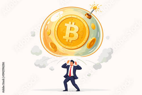Businessman Looking Up in Fear at a Giant Bitcoin Bubble with a Lit Fuse, Representing Cryptocurrency Market Speculation, Financial Risk, Economic Instability, and a Potential Investment Crash.