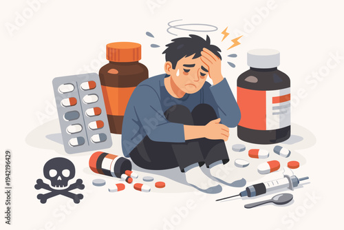 Vector Illustration of a Sick Man Suffering from Painkiller Addiction and Substance Abuse Surrounded by Pills, Medicine Bottles, and a Syringe, Depicting the Dangers of Pharmaceutical Dependency