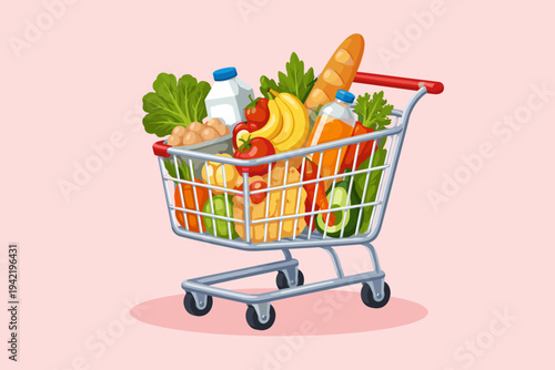 Flat Vector Illustration of a Metal Shopping Cart Filled with Fresh Groceries, Healthy Food, Milk, Bread, Fruit, and Vegetables Isolated on a Pink Background for Supermarket and Retail Design