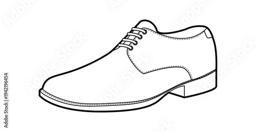 Buck mens suede single shoe line. Casual derby footwear with contrast sole preppy campus style. Technical illustration CAD mockup sketch vector women unisex outline isolated.