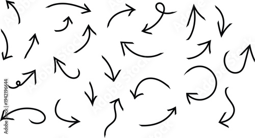 A collection of hand drawn arrows in various directions and styles on a white background