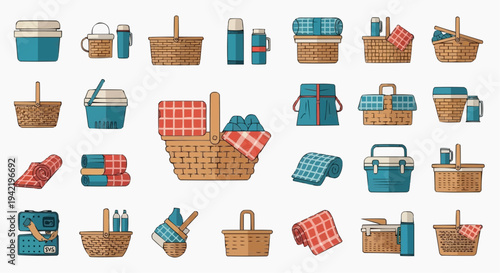 Collection of picnic baskets, thermoses, and accessories ready for outdoor dining