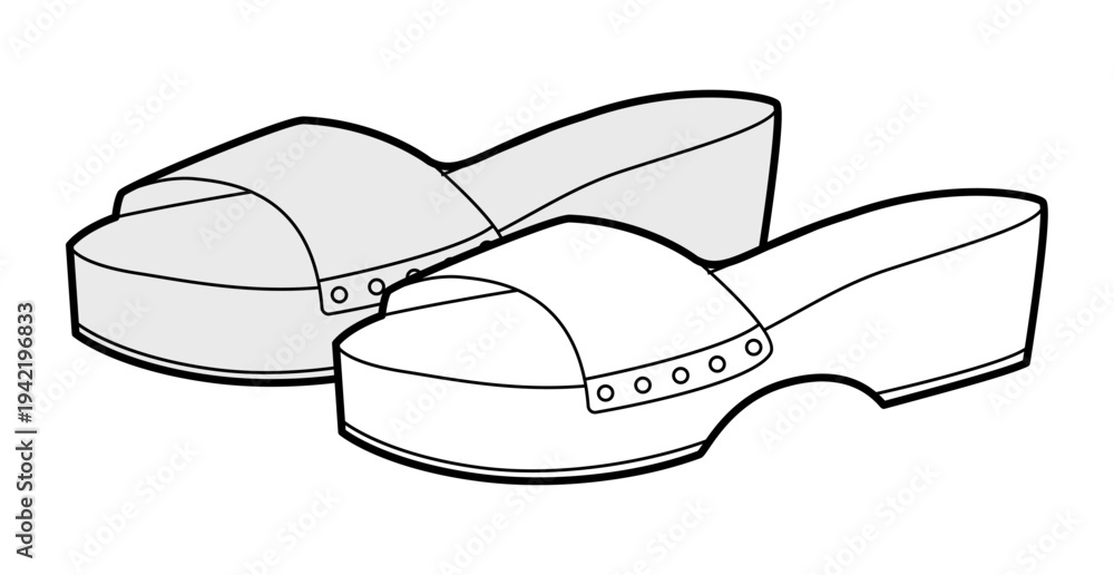Fototapeta premium Clog sandal shoe women sketch pair. Platform slide sandal for casual summer outfit city walk. Technical fashion illustration CAD mockup vector man unisex isolated classic style.