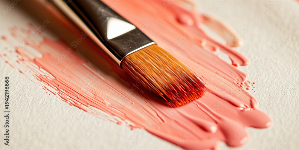 Fototapeta premium Paintbrush with Orange Paint on White Canvas, Art Supplies Closeup