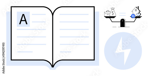 Knowledge concept. Open book with balance scale showing finances and homeownership symbols decision making. Energy symbol for education and inspiration. Useful for financial literacy, energy studies