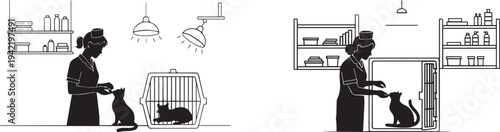 Set of 2 black and white pet grooming illustrations vector
