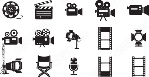 Collection of black industry including cameras reels clapperboard and microphone cinema