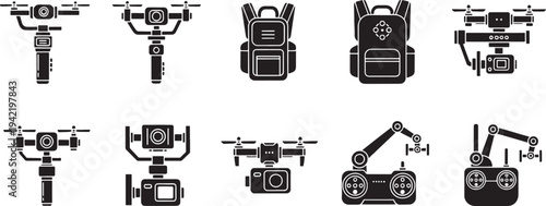 Collection of black silhouette of drones gimbals backpacks and robot arms camera stabilizer