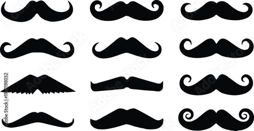 Vintage mustache silhouette collection with various curled and classic moustache styles isolated on white background, black barber facial hair icons for hipster design