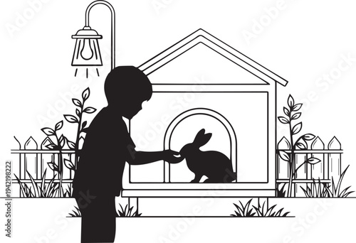 Black silhouette of a boy petting a rabbit in a doghouse