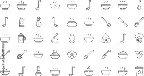 Collection of line depicting bowls ladles spoons and food drink soup