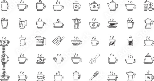 Collection of line depicting coffee and tea beverages and accessories