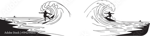 Set of 2 surfing icons vector, black and white surf illustrations