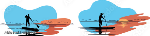 Set of 2 paddleboard vector icons, silhouette people on stand up paddleboards