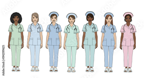 A diverse group of nurses in various colored scrubs standing in a line against a white background