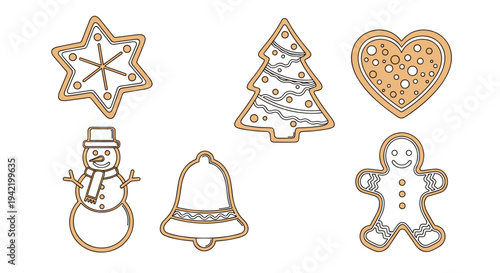 A set of festive Christmas cookies in the shape of holiday icons on a white background
