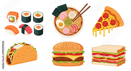 A colorful vector graphic illustration of various fast food items on a white background