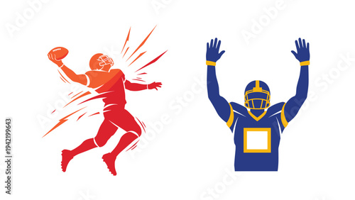 A vector graphic illustration of two American football players in action on a white background