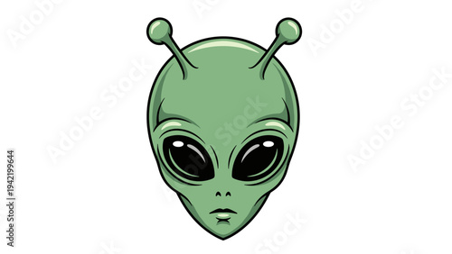 A cartoonish green alien head with large eyes and antennae on a white background