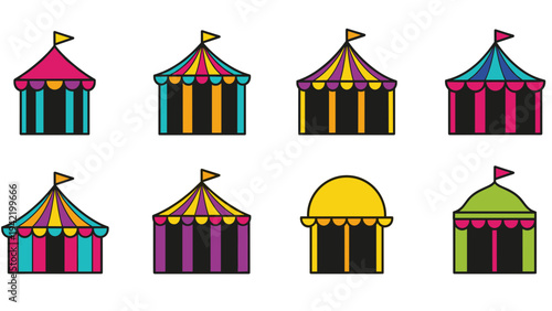 A colorful illustration of six vibrant carnival tents in various shapes and sizes on a white background