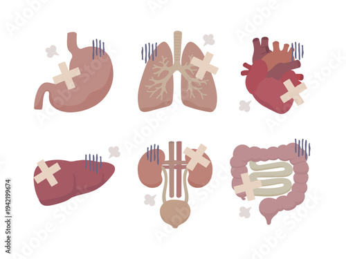 胃・肺・心臓・肝臓・腎臓・腸の不調を表すフラット医療イラスト