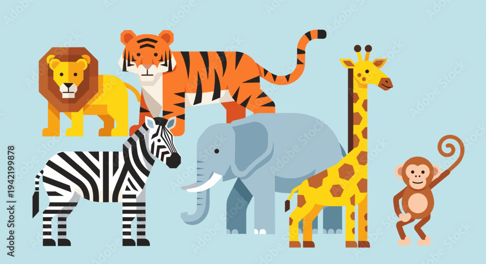 Obraz premium A colorful vector illustration of various wild animals standing together in a flat design style