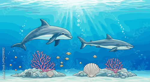 A colorful vector illustration of two dolphins swimming underwater near coral reefs and sea creatures